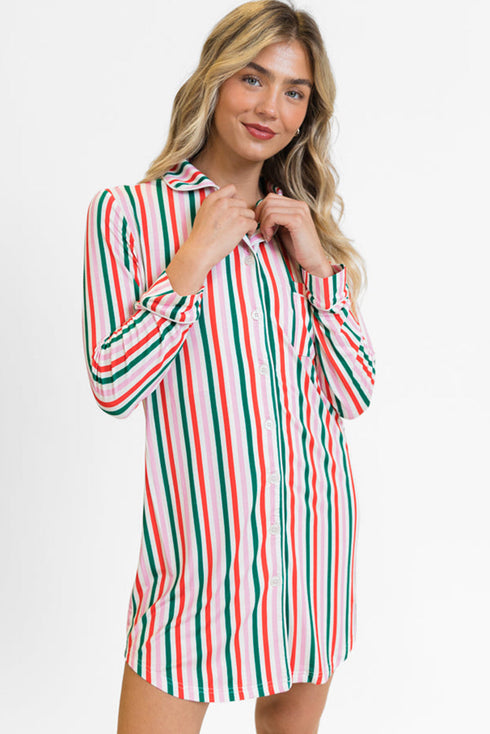 Candy Cane Stripe Piped Notched Collar Button Front Chest Pocket Shirt Tail Lounge Dress