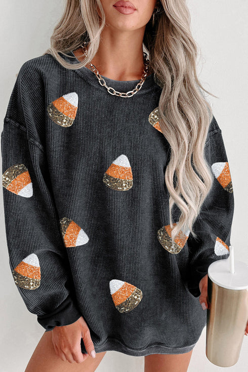 Candy Corn Sequin Patch Corded Crew Neck Sweatshirt