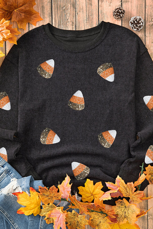 Candy Corn Sequin Patch Corded Crew Neck Sweatshirt
