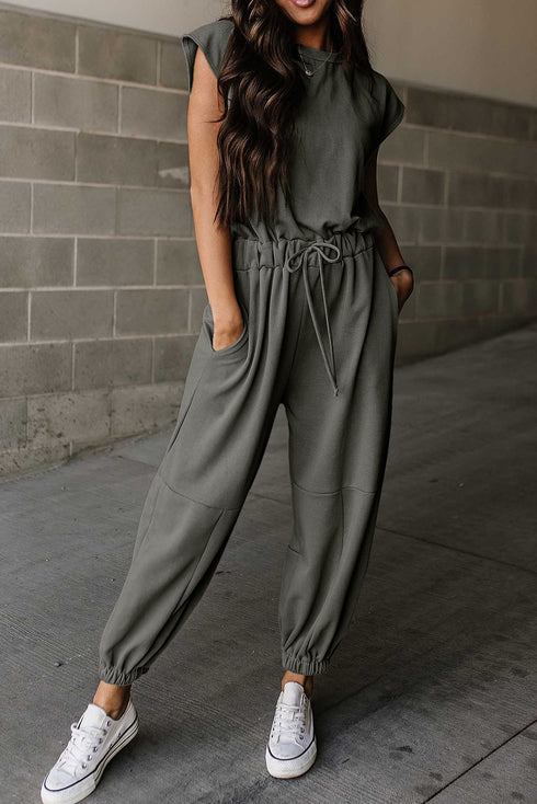 Cap Sleeve Open Back Drawstring Jogger Jumpsuit