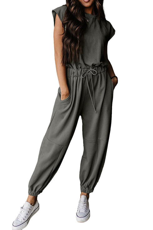 Cap Sleeve Open Back Drawstring Jogger Jumpsuit