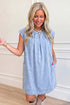 Cap Sleeve Pleated Round Neck Denim Shift Mini Dress