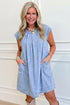 Cap Sleeve Pleated Round Neck Denim Shift Mini Dress