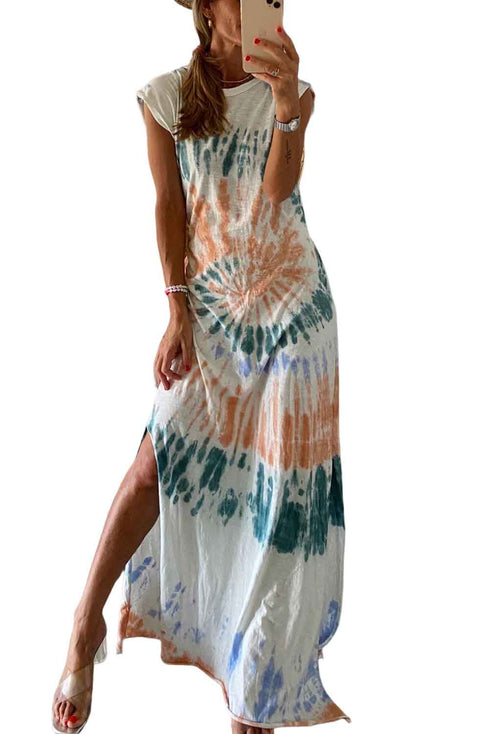 Cap Sleeve Tie Dye Long Slit Dress