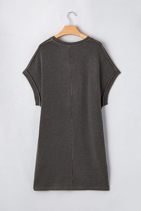 Carbon Grey Corded V Neck Plus Size T Shirt Dress with Pockets
