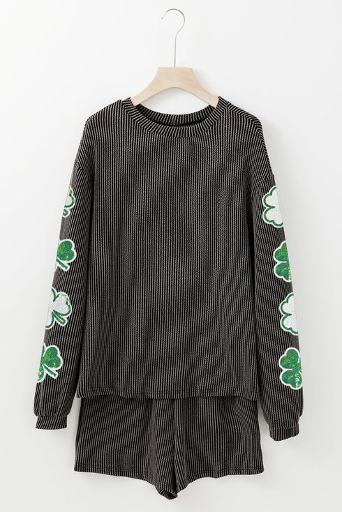 Carbon Grey Sequin Clover Graphic Corded Long Sleeve Top and Shorts Set