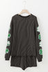 Carbon Grey Sequin Clover Graphic Corded Long Sleeve Top and Shorts Set