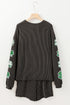 Carbon Grey Sequin Clover Graphic Corded Long Sleeve Top and Shorts Set
