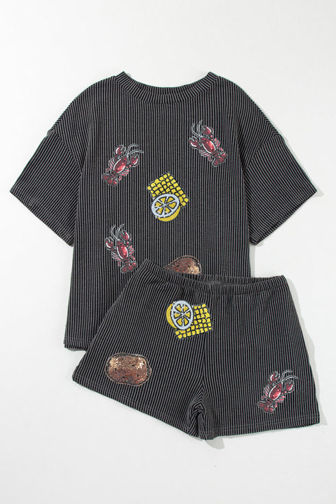 Carbon Grey Sequin Crawfish Food Print Textured Tee and Short Set