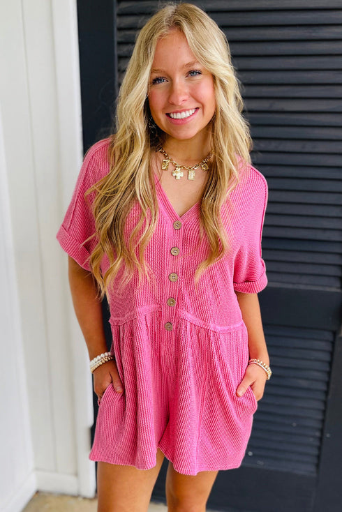 Carefree Days Corded V Neck Button Down Rolled Sleeve Pocket Romper