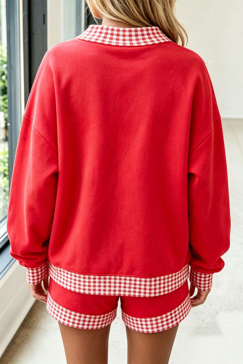 Carrot Gingham Trim Mock Neck Baggy Pullover Shorts Set