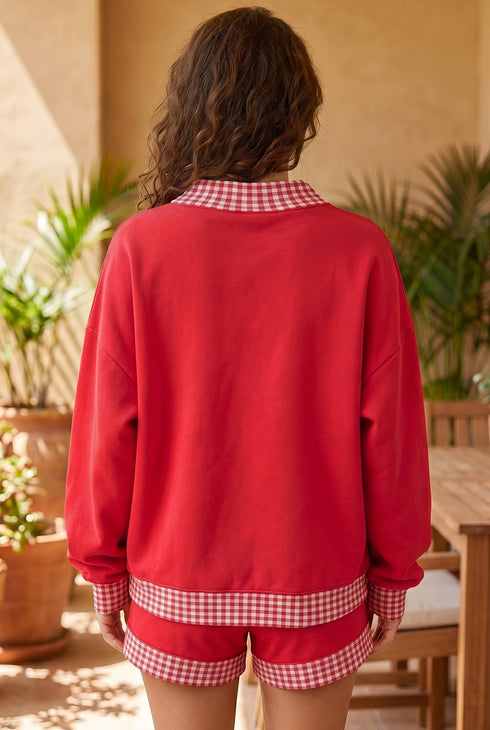 Carrot Gingham Trim Mock Neck Baggy Pullover Shorts Set