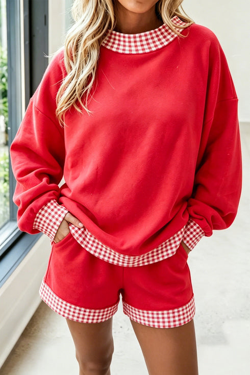 Carrot Gingham Trim Mock Neck Baggy Pullover Shorts Set