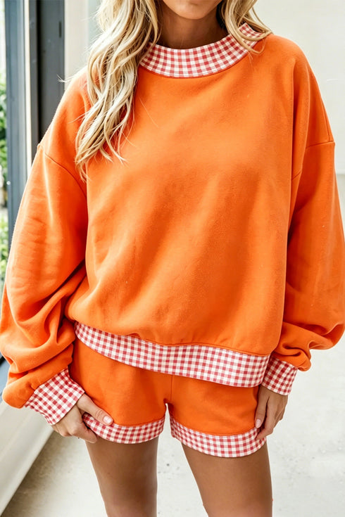 Carrot Gingham Trim Mock Neck Baggy Pullover Shorts Set