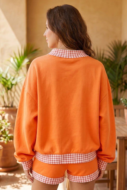 Carrot Gingham Trim Mock Neck Baggy Pullover Shorts Set