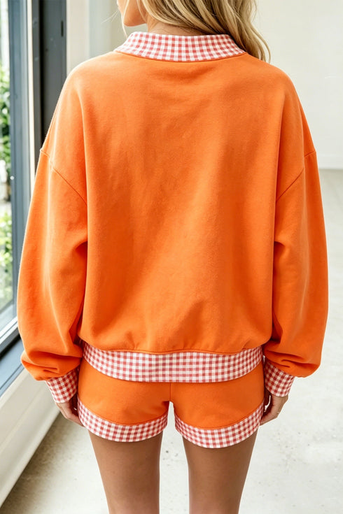 Carrot Gingham Trim Mock Neck Baggy Pullover Shorts Set