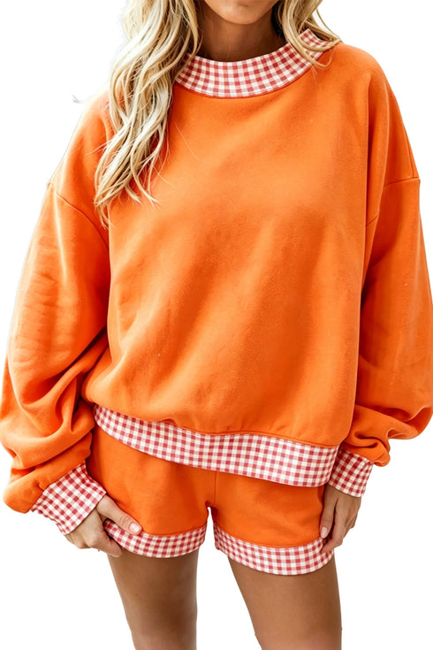 Carrot Gingham Trim Mock Neck Baggy Pullover Shorts Set