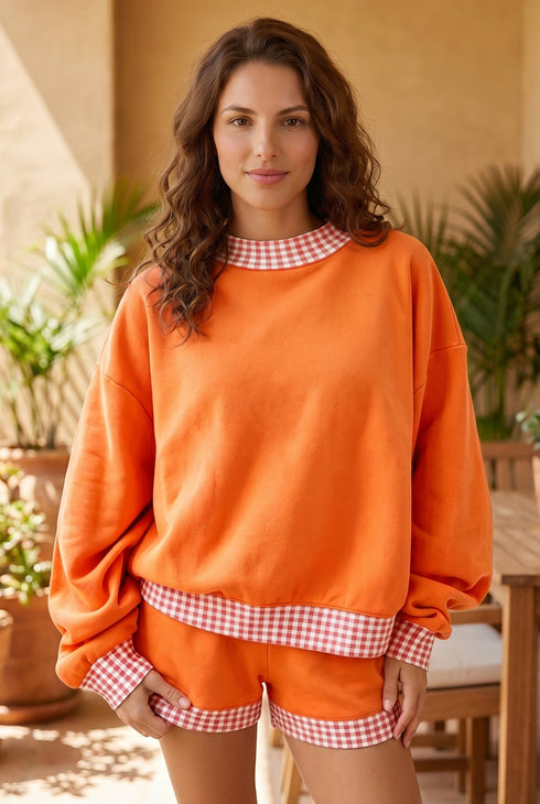 Carrot Gingham Trim Mock Neck Baggy Pullover Shorts Set