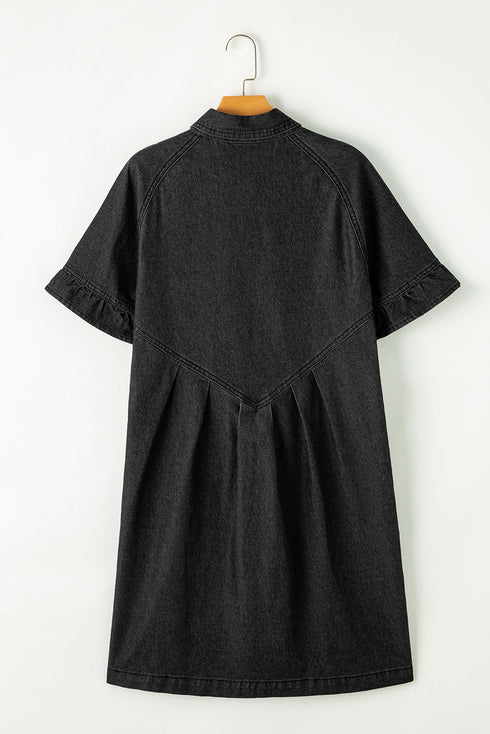 Casual A-line Ruffle Sleeve Button Front Denim Shirt Dress