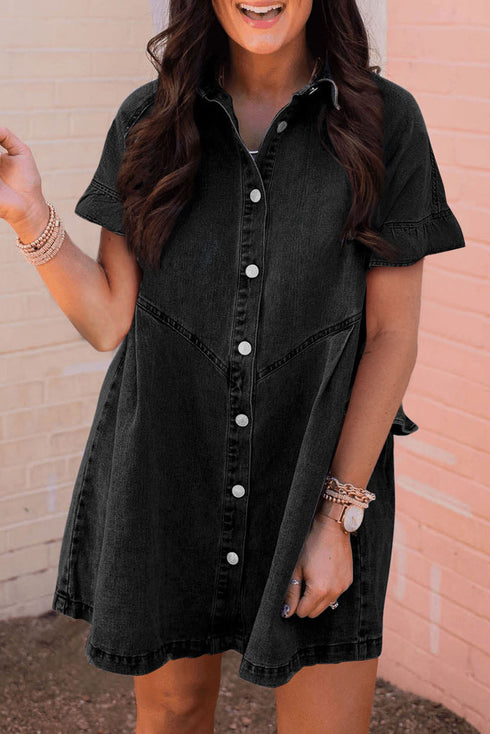 Casual A-line Ruffle Sleeve Button Front Denim Shirt Dress