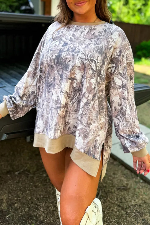 Casual Abstract Camo Print Side Split Tunic Sweatshirt