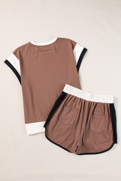 Casual Blocked Pattern Patchwork Cap Sleeve Short Set