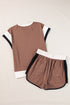 Casual Blocked Pattern Patchwork Cap Sleeve Short Set