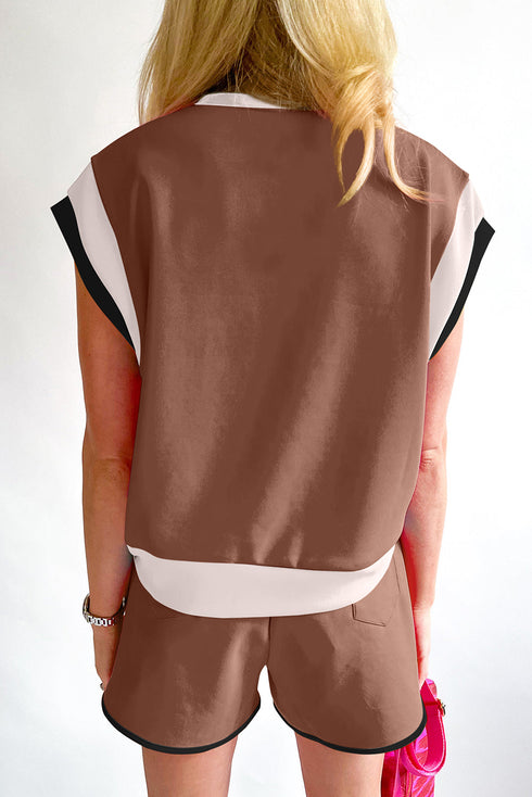 Casual Blocked Pattern Patchwork Cap Sleeve Short Set