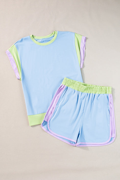 Casual Blocked Pattern Patchwork Cap Sleeve Short Set