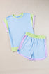 Casual Blocked Pattern Patchwork Cap Sleeve Short Set