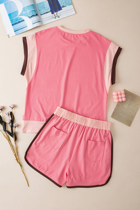 Casual Blocked Pattern Patchwork Cap Sleeve Short Set