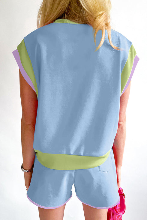 Casual Blocked Pattern Patchwork Cap Sleeve Short Set