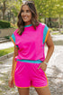 Casual Blocked Pattern Patchwork Cap Sleeve Short Set
