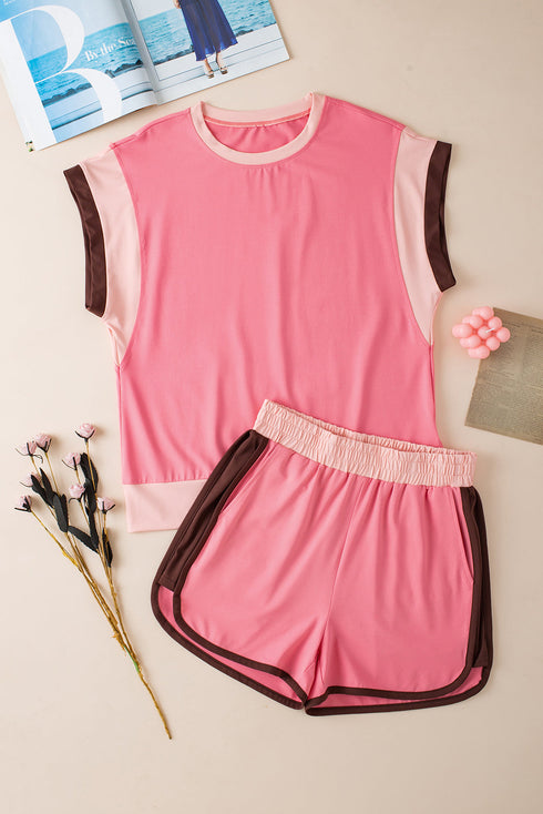 Casual Blocked Pattern Patchwork Cap Sleeve Short Set