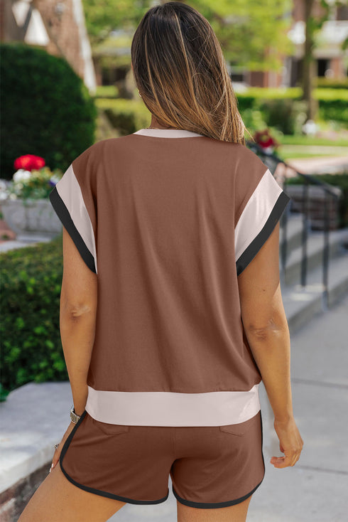 Casual Blocked Pattern Patchwork Cap Sleeve Short Set