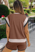 Casual Blocked Pattern Patchwork Cap Sleeve Short Set