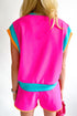 Casual Blocked Pattern Patchwork Cap Sleeve Short Set