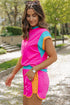 Casual Blocked Pattern Patchwork Cap Sleeve Short Set
