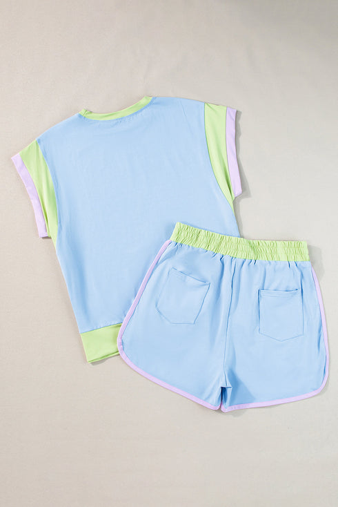 Casual Blocked Pattern Patchwork Cap Sleeve Short Set