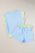 Casual Blocked Pattern Patchwork Cap Sleeve Short Set