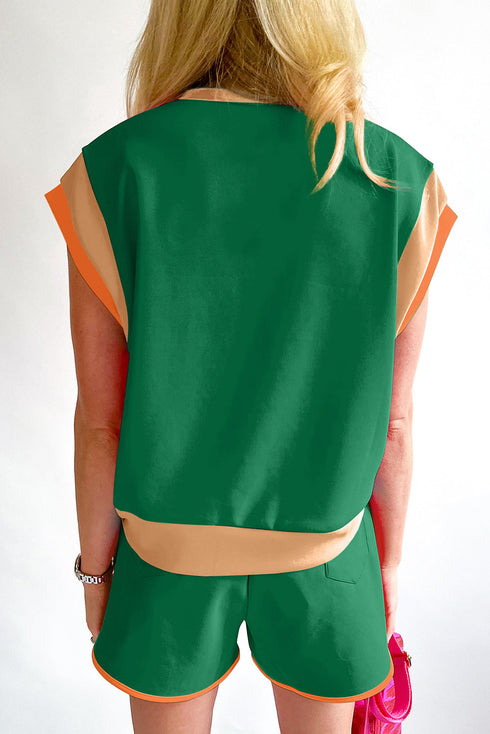 Casual Blocked Pattern Patchwork Cap Sleeve Short Set