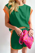 Casual Blocked Pattern Patchwork Cap Sleeve Short Set
