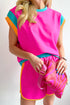Casual Blocked Pattern Patchwork Cap Sleeve Short Set