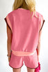 Casual Blocked Pattern Patchwork Cap Sleeve Short Set