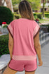 Casual Blocked Pattern Patchwork Cap Sleeve Short Set