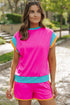 Casual Blocked Pattern Patchwork Cap Sleeve Short Set