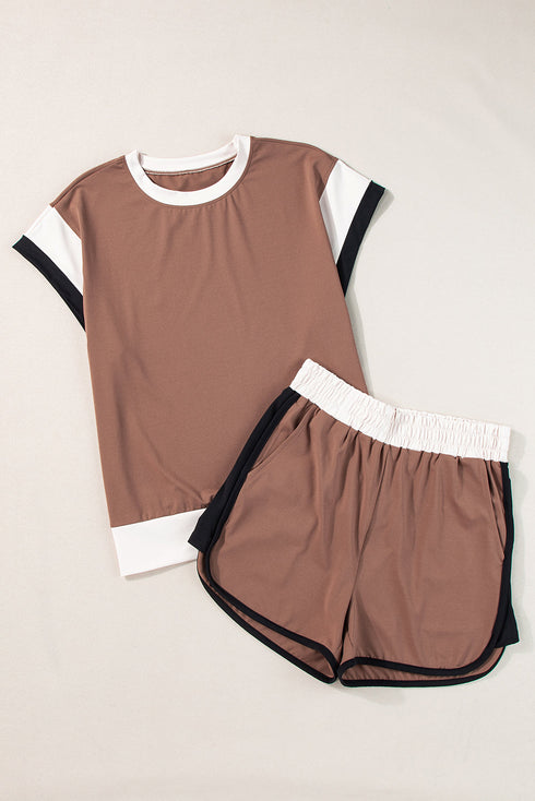 Casual Blocked Pattern Patchwork Cap Sleeve Short Set