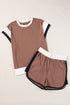 Casual Blocked Pattern Patchwork Cap Sleeve Short Set