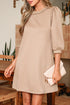 Casual Braided Trim Puff Sleeve Solid T Shirt Dress