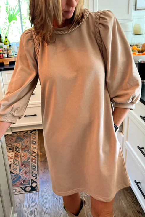 Casual Braided Trim Puff Sleeve Solid T Shirt Dress